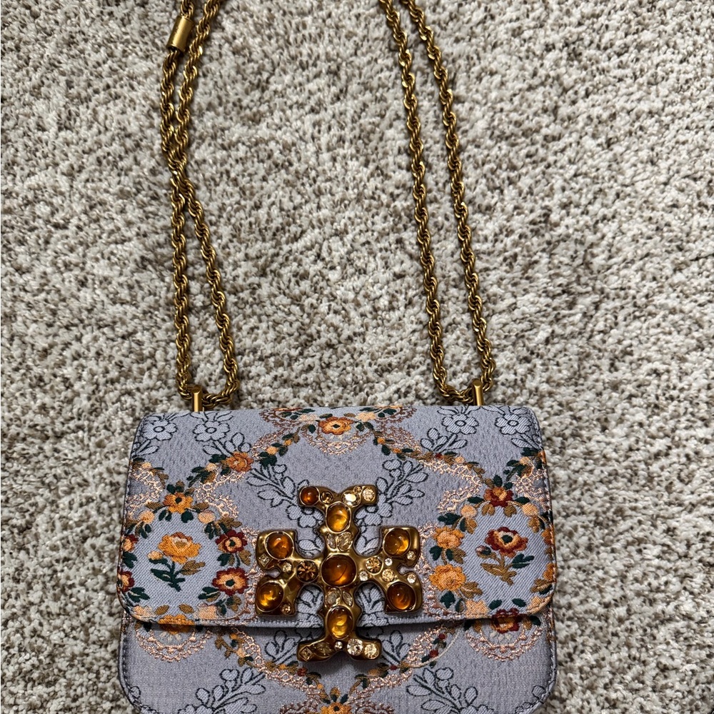 Tory Burch Gray and Gold Floral Crossbody Bag